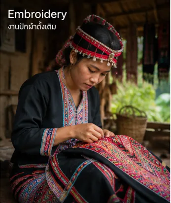 Khmu woman embroidering traditional textile