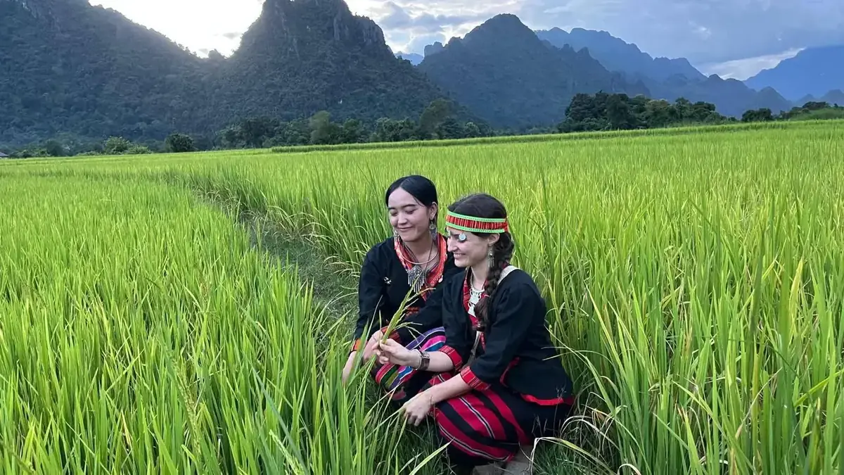 Khmu women in rice fields with karst mountains, Vang Vieng